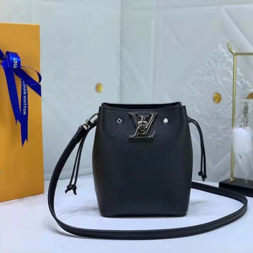 Louis Vuitton LV Women Nano Lockme Bucket Bag Black Grained Calf Leather