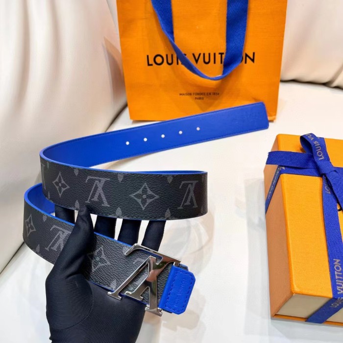 Louis Vuitton Unisex LV Tag 40 MM Reversible Belt Blue Monogram Eclipse Coated Canvas Calf Leather