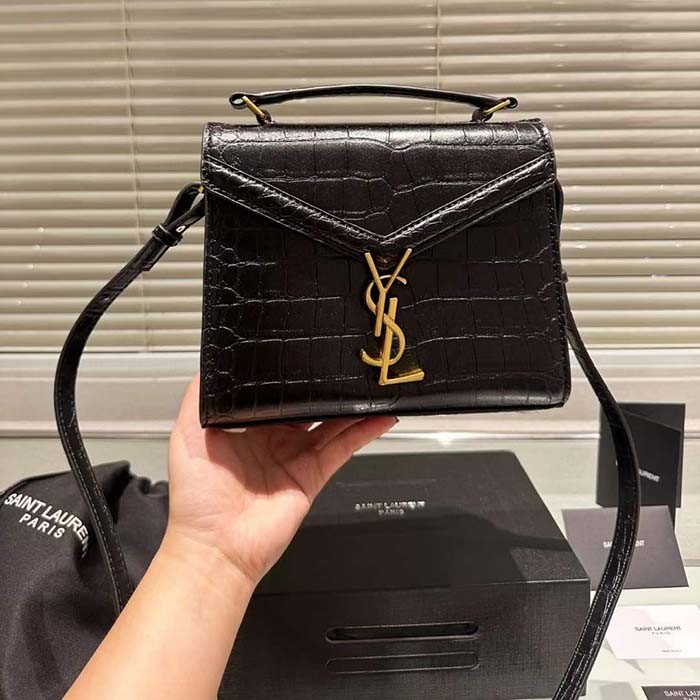 Saint Laurent YSL Women Cassandra Mini Top Handle Bag Crocodile Shiny Leather