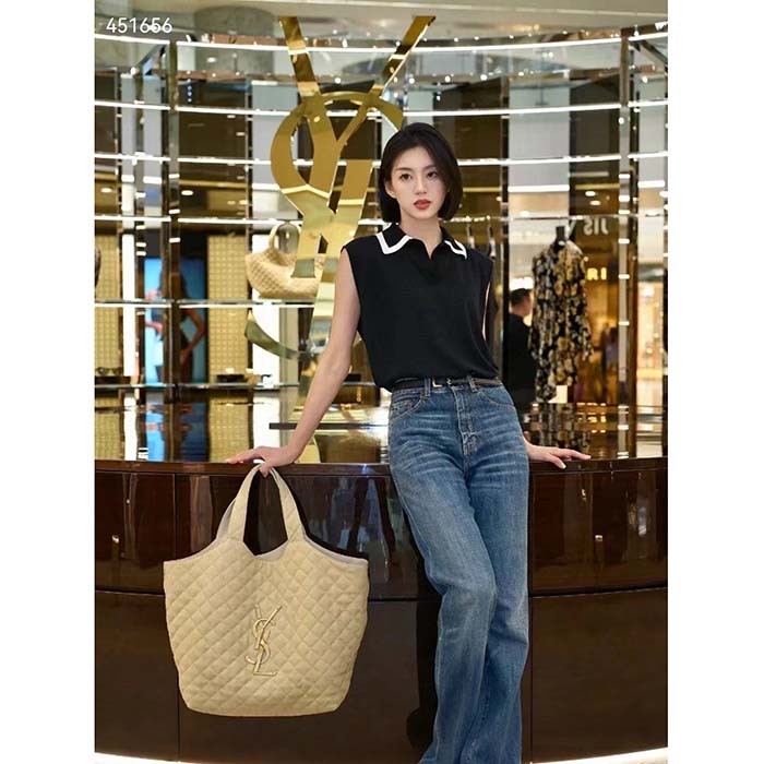 Saint Laurent YSL Women Icare Maxi Shopping Bag Quilted Nubuck Suede Beige STYLE ID 698651AABR89748