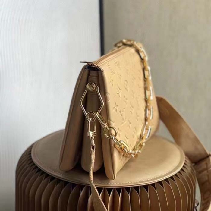 Louis Vuitton LV Women Coussin PM Handbag Camel Monogram Embossed Puffy Lambskin Calfskin Leather