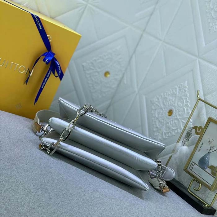 Louis Vuitton LV Women Coussin PM Handbag Silver Lambskin Cowhide Lining Zip Closure