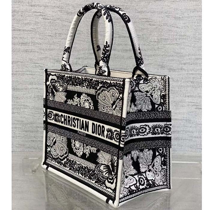 Dior Women CD Medium Dior Book Tote Black White Butterfly Bandana Embroidery
