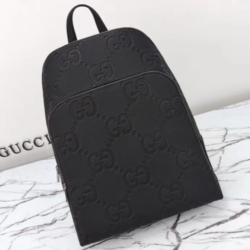 Gucci GG Unisex Large Jumbo GG Backpack Black Leather Cotton Linen Lining Padded Mesh Back