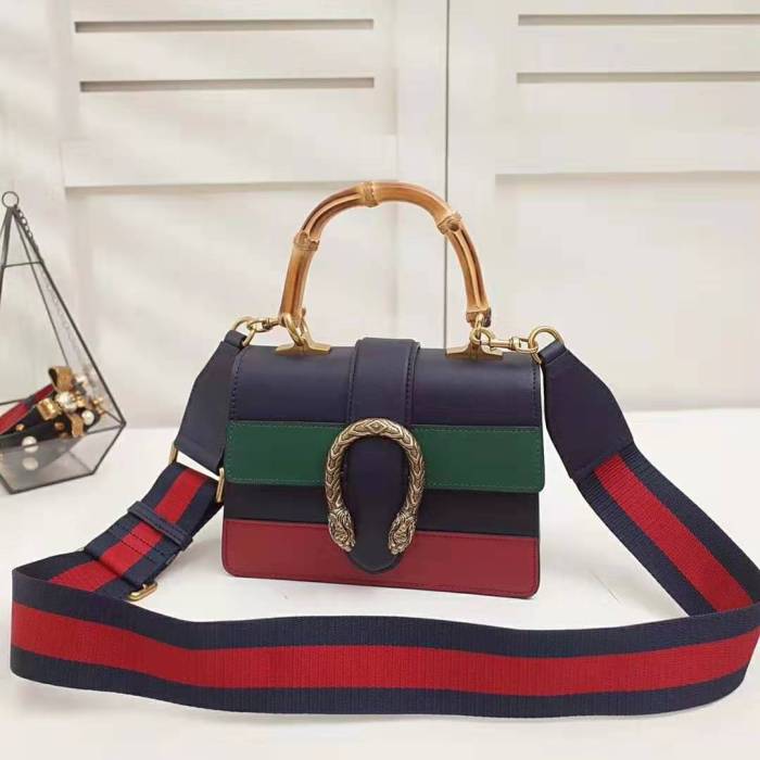 Gucci GG Women Dionysus Medium Top Handle Bag in Blue Gucci Green and Hibiscus Red Leather