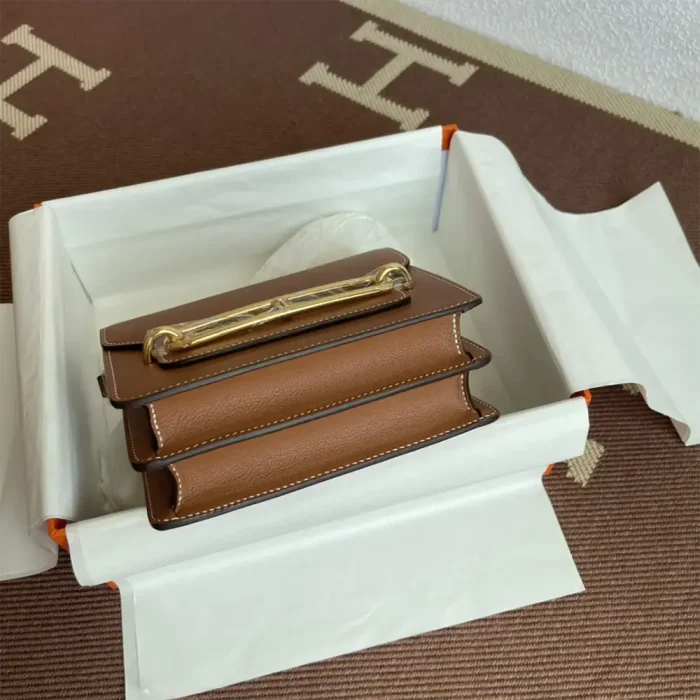 Hermes Women Roulis Mini Bag in Evergrain Calfskin-Brown/Gold