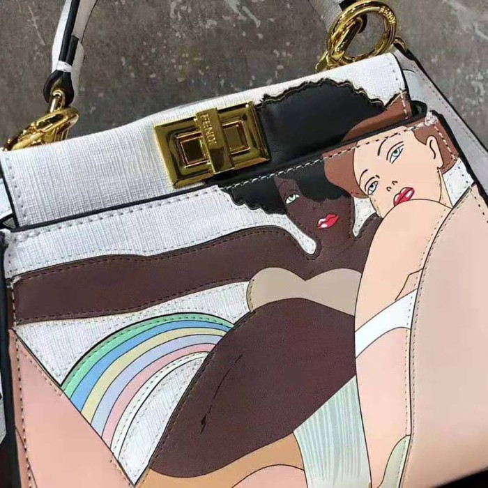 Fendi Women Peekaboo Iconic Mini FF White Glazed Fabric Bag with Inlay