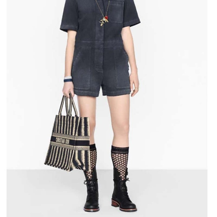 Dior Women Book Tote Blue D-Stripes 'Christian Dior' Embroidery