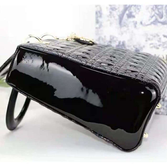 Dior Women Large Lady Dior Bag Black Patent Cannage Calfskin