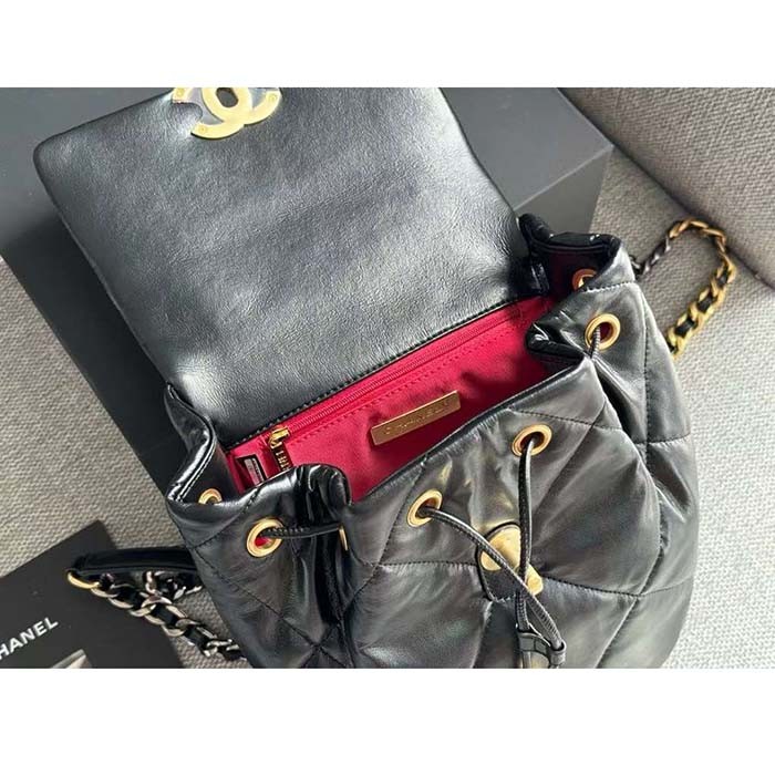 Chanel Women CC 19 Backpack Shiny Lambskin Gold Silver-Tone Black