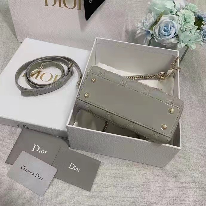 Dior Women CD Mini Lady Dior Bag Gray Patent Cannage Calfskin