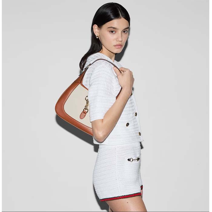 Gucci Women GG Jackie Small Shoulder Bag White Canvas Brown Leather Hook Closure