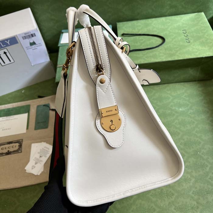 Gucci Unisex GG Bauletto Medium Top Handle Bag White Leather Double G