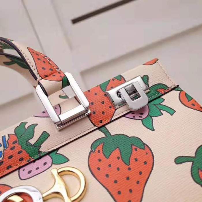 Gucci GG Women Gucci Zumi Strawberry Print Medium Top Handle Bag in Gucci Strawberry Print Ivory Leather