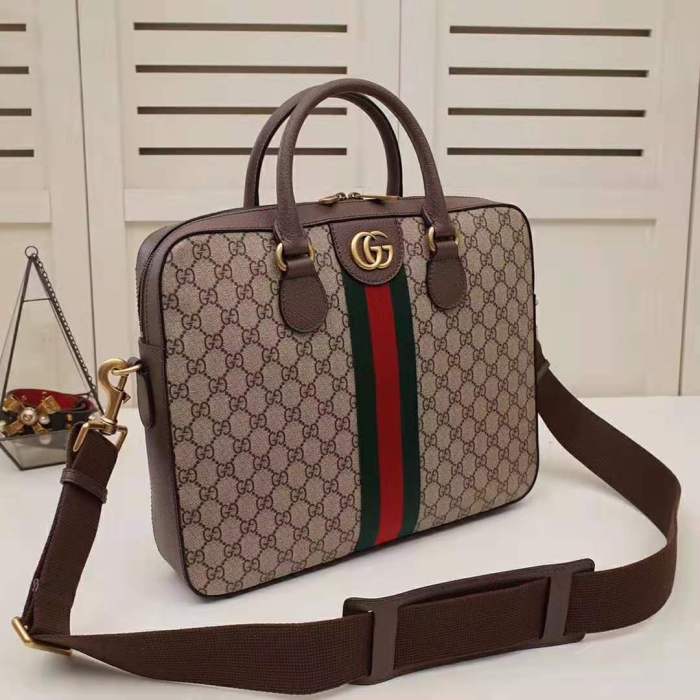Gucci GG Men Ophidia GG Briefcase in Beige/Ebony Soft GG Supreme Canvas