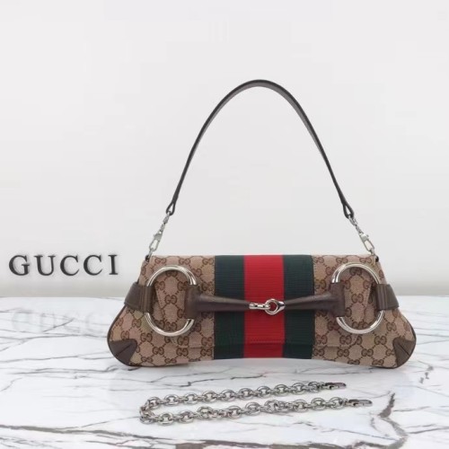 Gucci Women Horsebit Chain Medium Shoulder Bag Beige Ebony Original GG Canvas