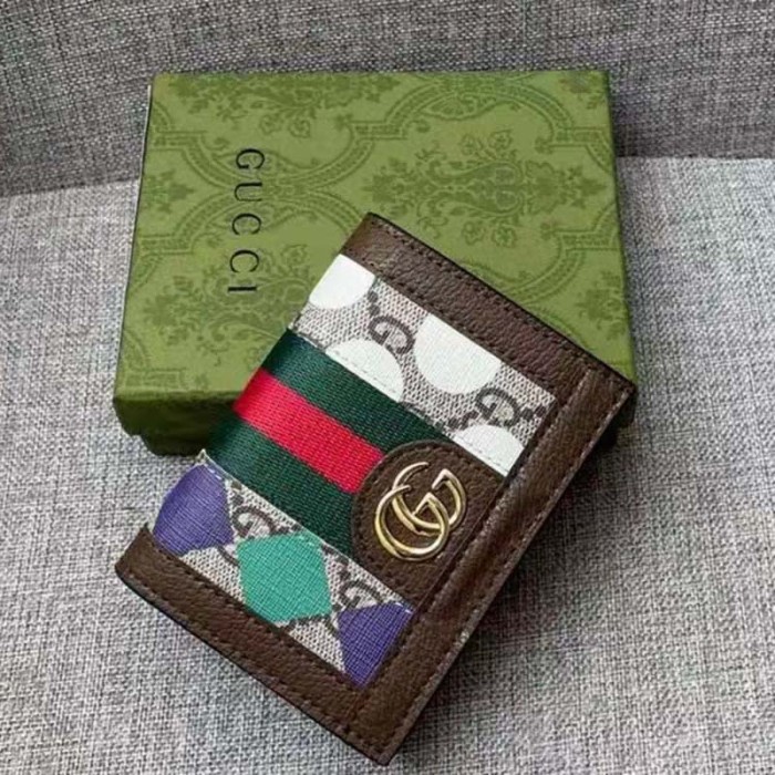 Gucci Unisex GG Ophidia Card Case Wallet Brown Leather Beige Ebony Supreme Canvas