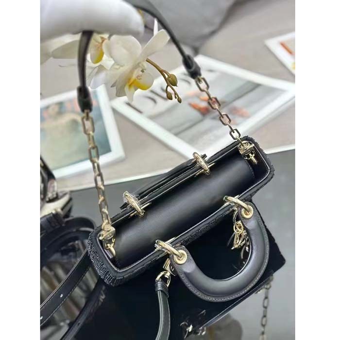 Dior Women CD Small Lady D-Joy Bag Black Cannage Cotton Micropearl Embroidery