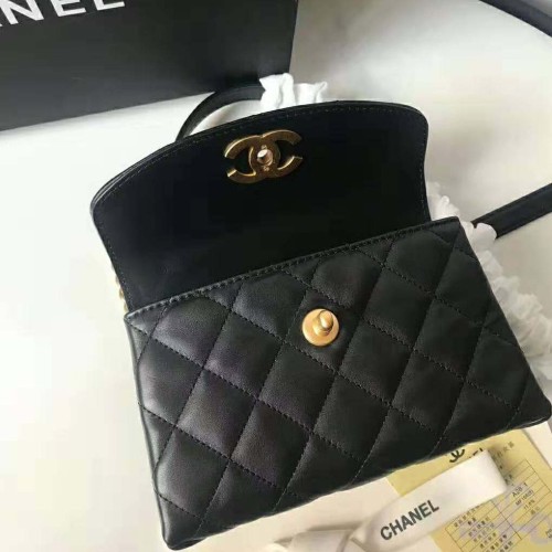 Chanel Women Flap Bag with Top Handle in Lambskin Leather-Black