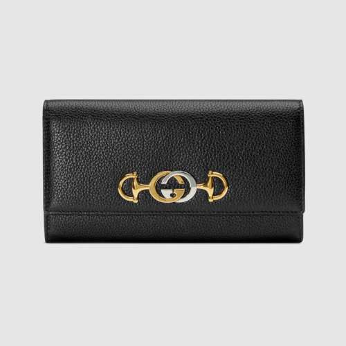 Gucci GG Women Gucci Zumi Grainy Leather Continental Wallet-Black