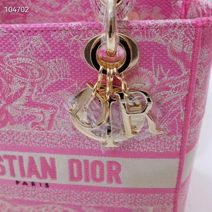 Dior Women CD Medium Lady D-Lite Bag Fluorescent Pink Toile De Jouy Reverse Embroidery