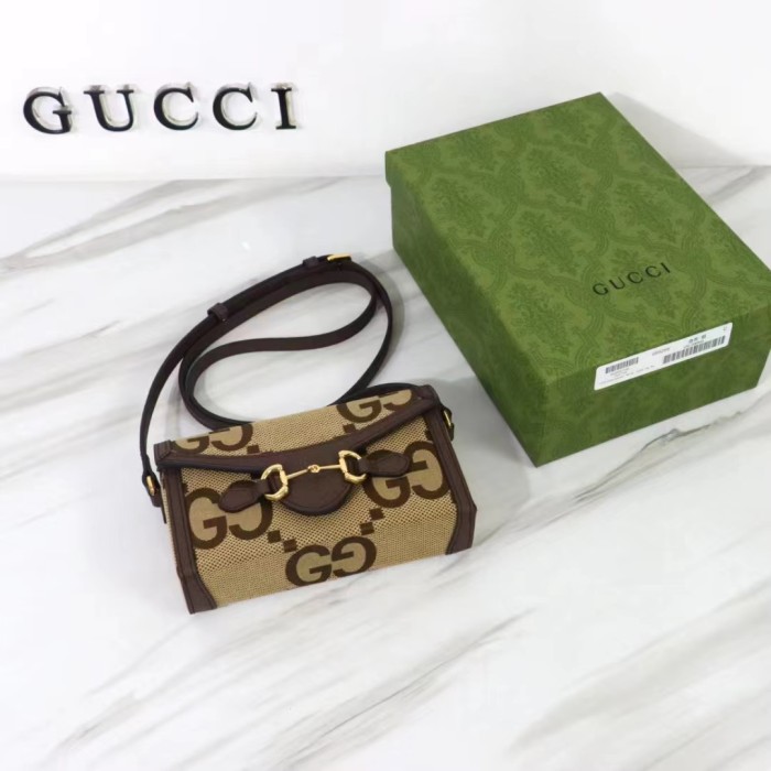 Gucci Unisex GG Horsebit 1955 Jumbo GG Mini Bag Camel Ebony Canvas