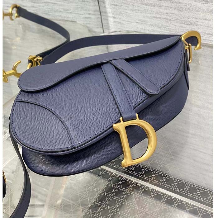 Dior Women Saddle Bag Strap Indigo Blue Grained Calfskin CD Signature Interior Back Pocket
