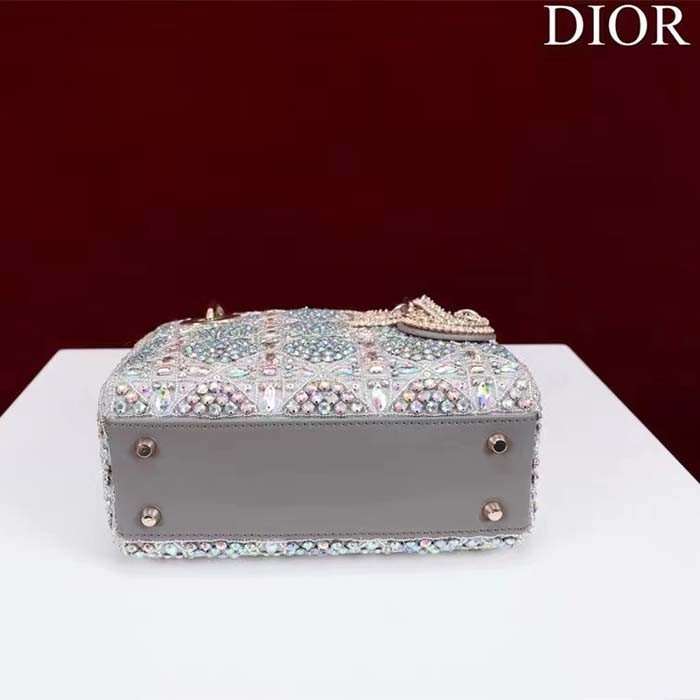 Dior Women Small Lady Dior Bag Gray Smooth Calfskin Satin Bead Embroidery