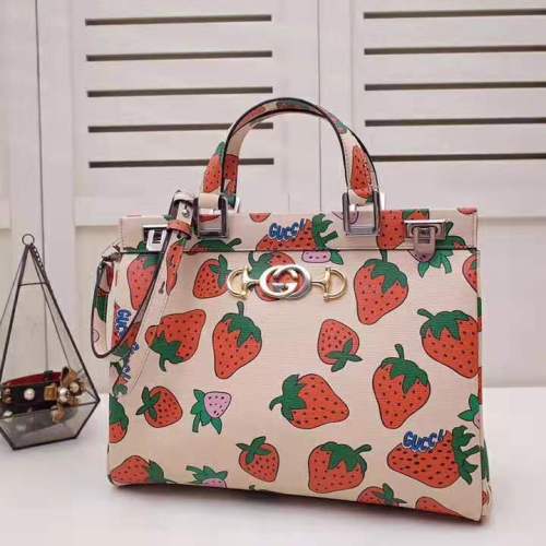 Gucci GG Women Gucci Zumi Strawberry Print Medium Top Handle Bag in Gucci Strawberry Print Ivory Leather