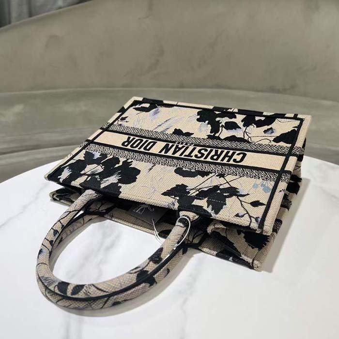 Dior Women CD Medium Dior Book Tote Beige Black Fleurs Mystiques Embroidery