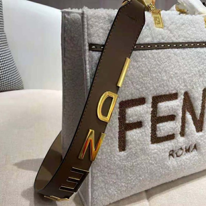 Fendi Women Sunshine Medium White Sheepskin Shopper