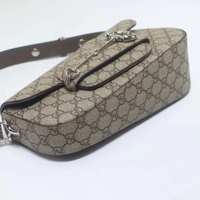 Gucci Unisex Gucci Horsebit 1955 Small Shoulder Bag Beige Ebony GG Supreme Canvas