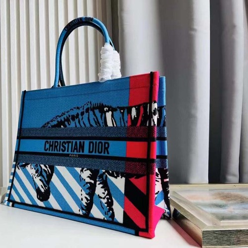 Dior Unisex CD Large Book Tote Blue Pink D-Jungle Pop Embroidery