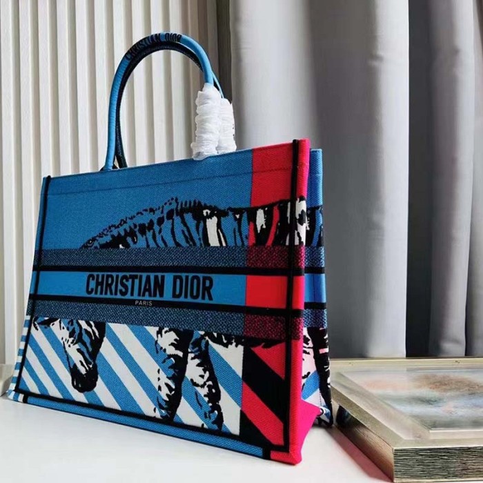 Dior Unisex CD Large Book Tote Blue Pink D-Jungle Pop Embroidery