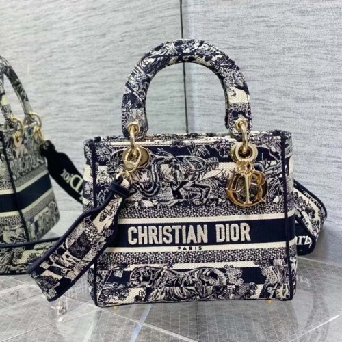 Dior Women Medium Lady D-Lite Bag Navy Blue Toile de Jouy Stripes Embroidery