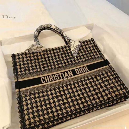 Dior Women Dior Book Tote Black and Beige Houndstooth Embroidery
