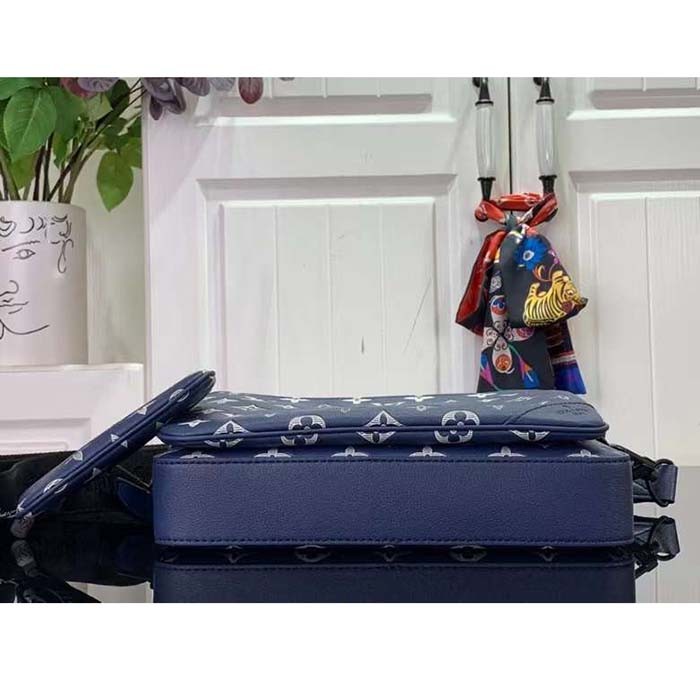 Louis Vuitton LV Unisex Trio Messenger Ink Blue White Monogram Shadow Calf Leather M24753