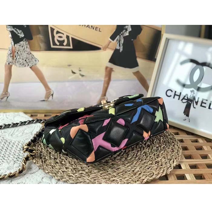 Chanel Women CC 19 Flap Bag Goatskin Gold Silver-Tone Metal Multicolor Black