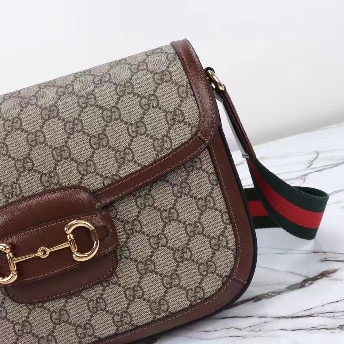 Gucci Unisex Gucci Horsebit 1955 Crossbody Bag Beige Ebony GG Supreme Canvas Brown Leather