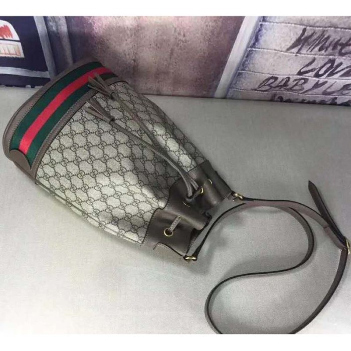Gucci GG Women Ophidia GG Bucket Bag in Beige and Ebony GG Supreme Canvas