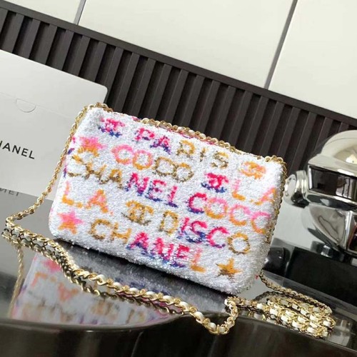 Chanel Women CC Small Flap Bag Sequins Gold-Tone Metal White Yellow Pink Blue