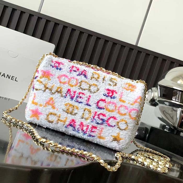 Chanel Women CC Small Flap Bag Sequins Gold-Tone Metal White Yellow Pink Blue
