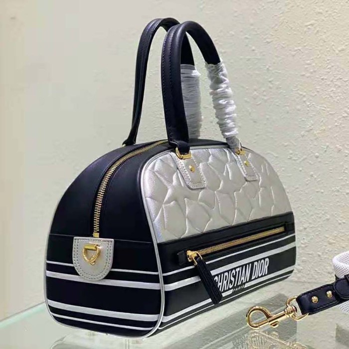 Dior Women Medium Dior Vibe Zip Bowling Bag Black and Silver Padded Dior Etoile Calfskin