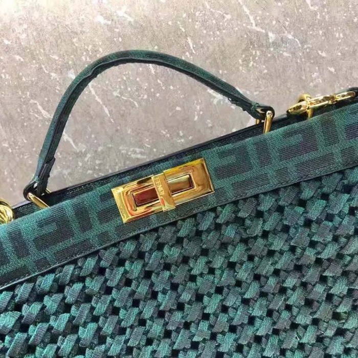 Fendi Women Peekaboo Iconic Medium Jacquard Fabric Interlace Bag-Dark Green