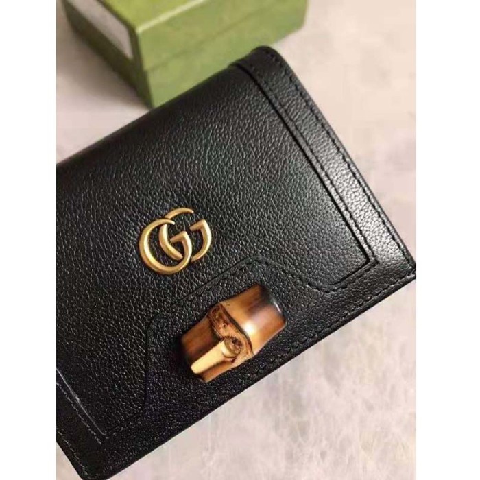 Gucci Women Gucci Diana Card Case Wallet Double G Black Leather