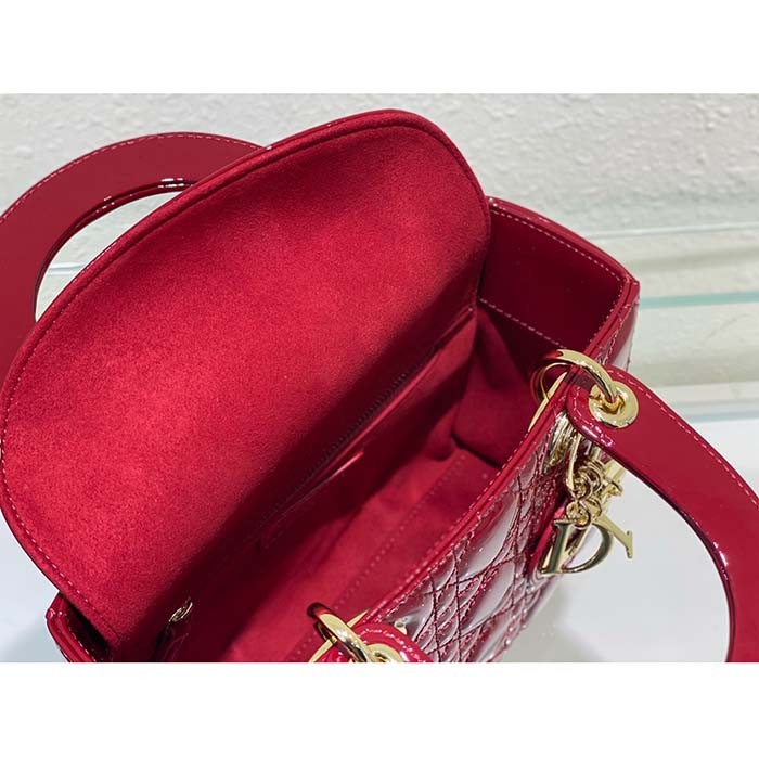Dior Women Small Lady Dior Bag Cherry Red Patent Cannage Calfskin