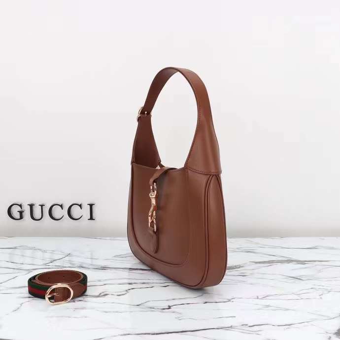Gucci Women GG Jackie Small Shoulder Bag Brown Soft Leather Hook Closure