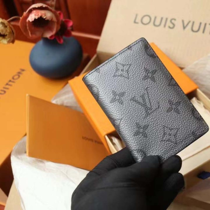 Louis Vuitton LV Unisex Pocket Organizer Gunmetal Gray Monogram Coated Canvas Taiga Cowhide