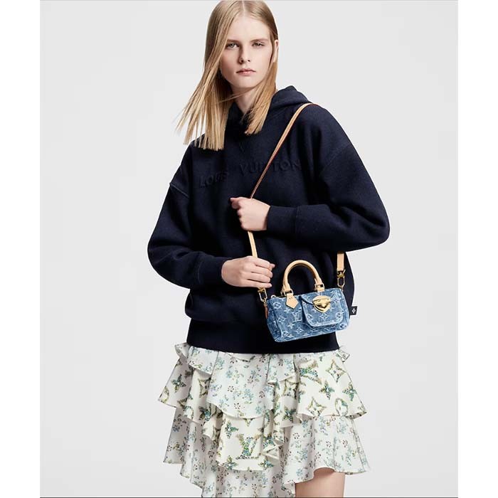 Louis Vuitton LV Unisex Nano Speedy Bag Denim Blue GOTS Monogram Denim Canvas Natural Cowhide Leather