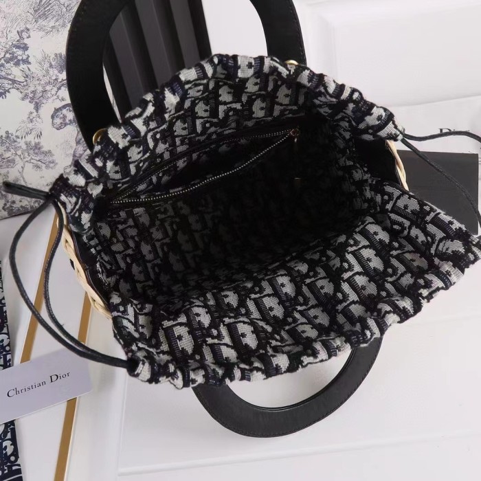 Dior Women CD Medium Lady Dior Bag Natural Wicker Blue Oblique Jacquard